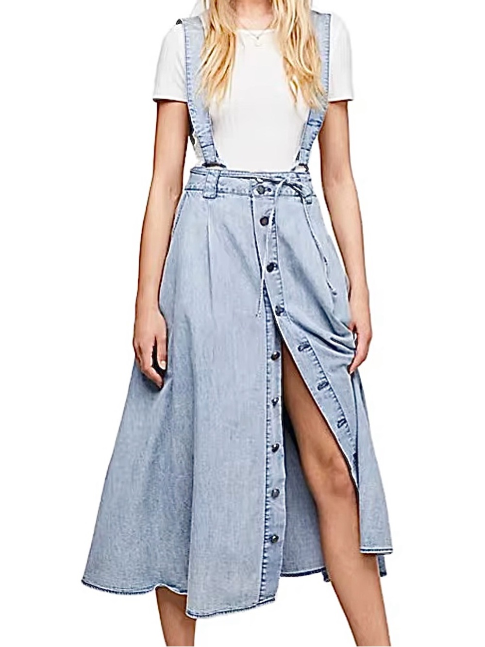 RARE EXC • Free People Denim Suspender Midi Skirtall •
